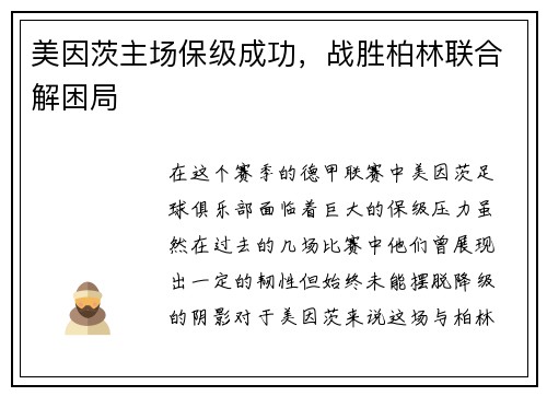 美因茨主场保级成功，战胜柏林联合解困局