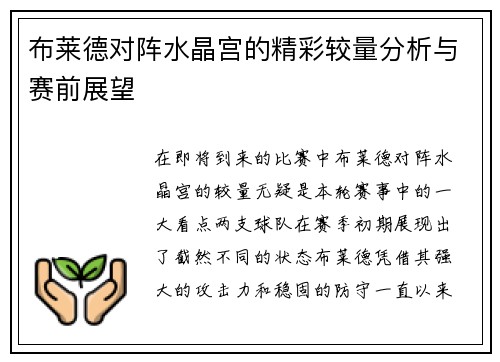 布莱德对阵水晶宫的精彩较量分析与赛前展望